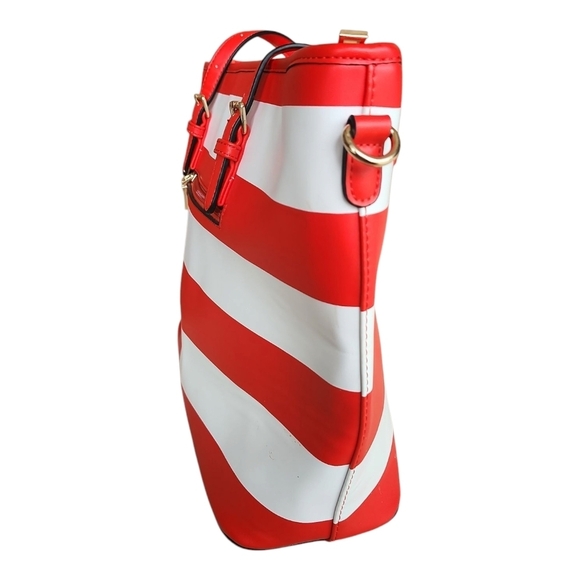 Red & White Striped Canvas Beach Tote Gold Chain Crossbody - Picture 3 of 12